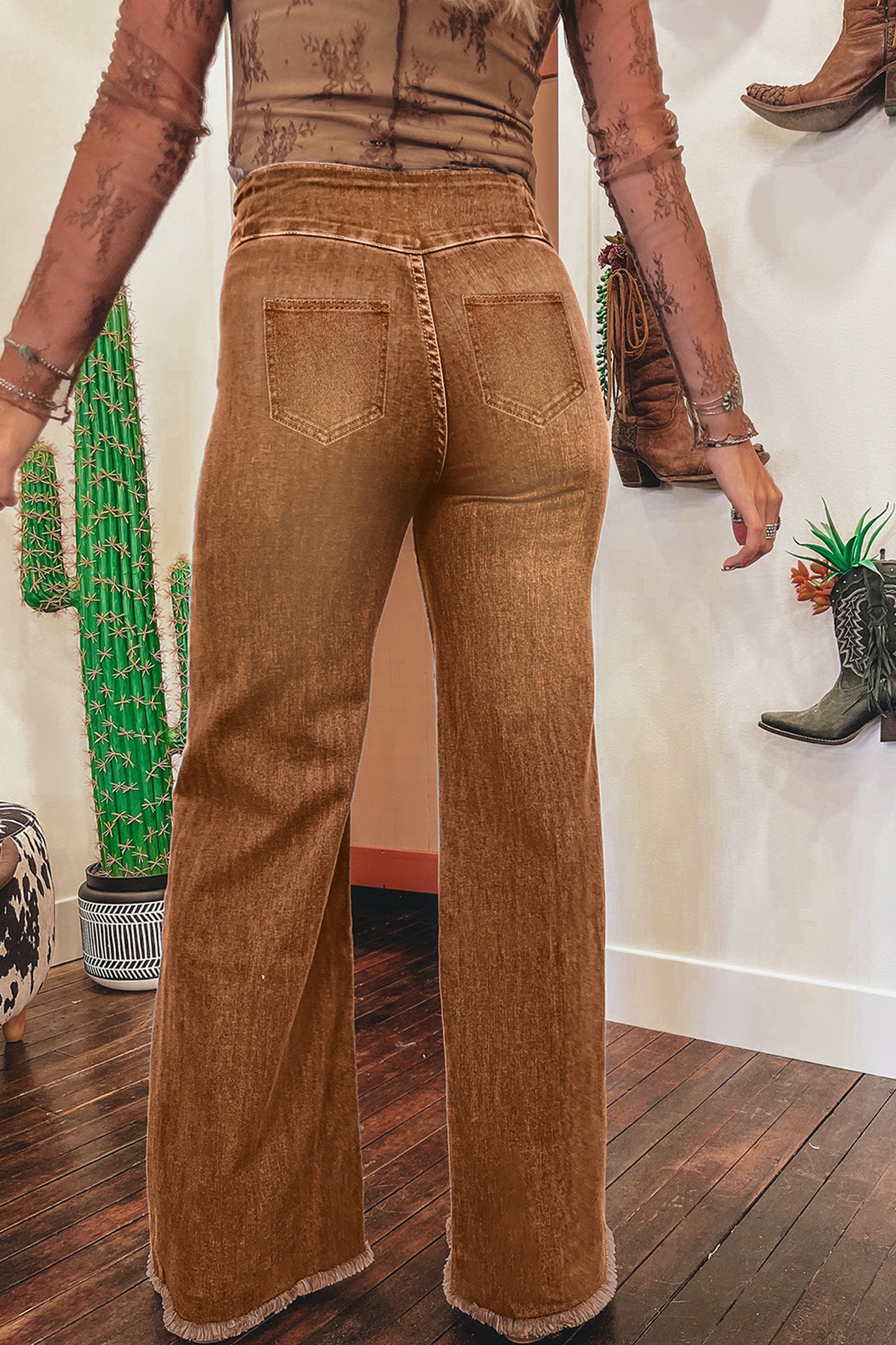 Coffee High Waist Button Fly Seamed Raw Hem Flare Jeans