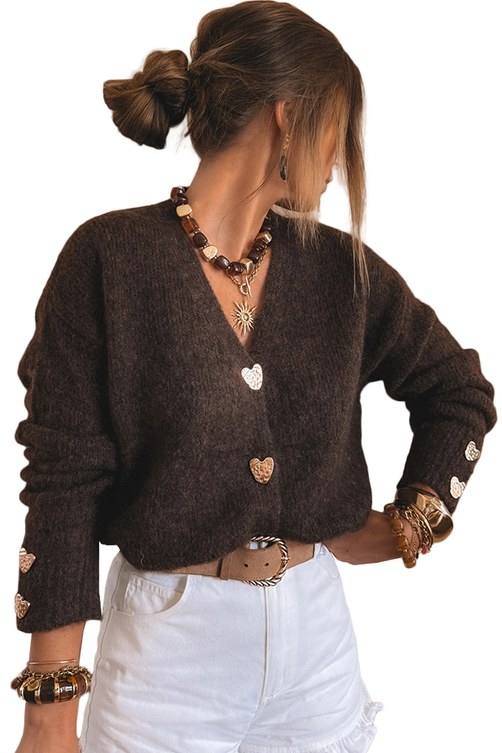Chicory Coffee V Neck Metallic Heart Button Knit Cardigan