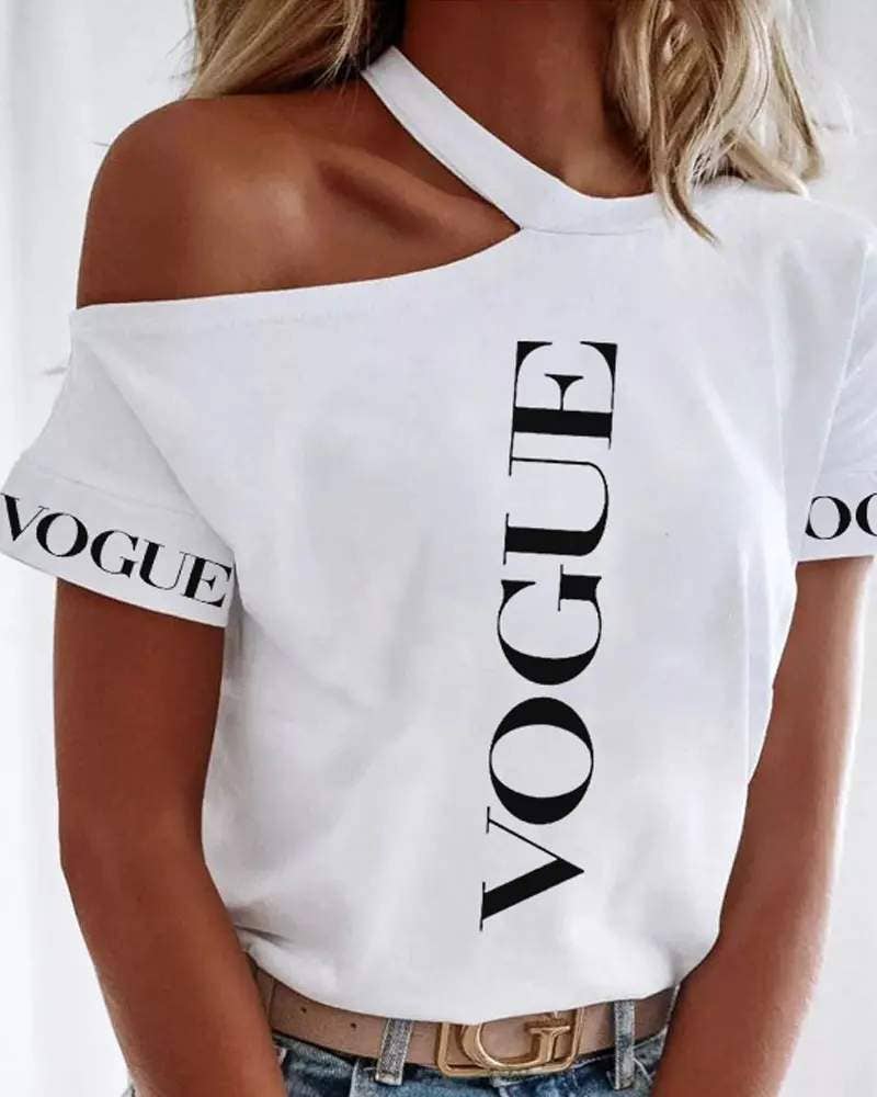 Letter print cold shoulder casual t shirt