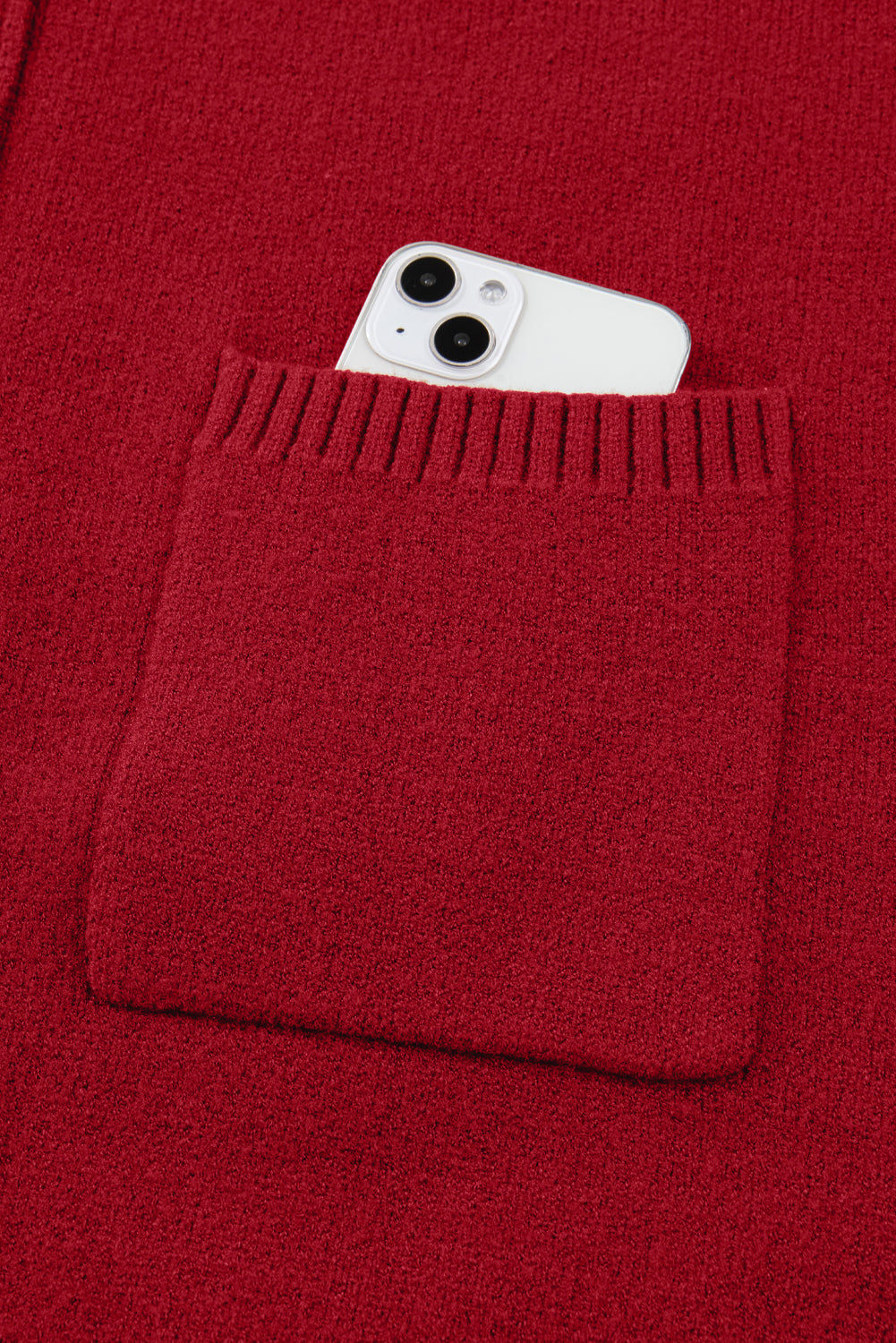 Fiery Red Ribbed High Neck Front Pockets Center Seam Sweater Dress