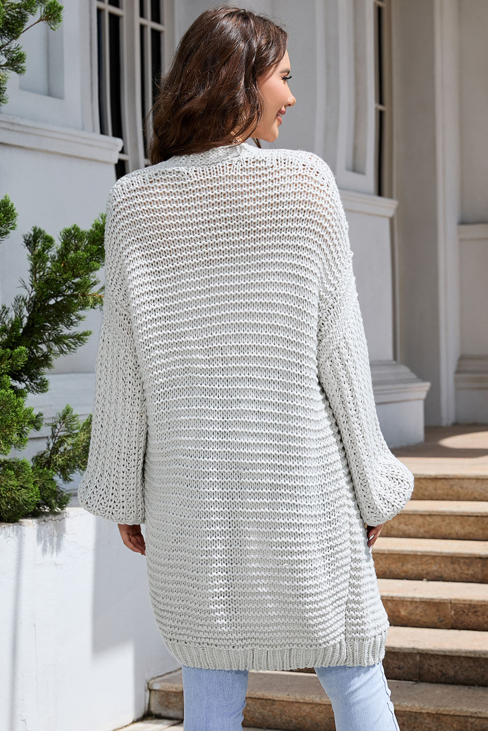 Gray Chunky Oversize Knit Drop Shoulder Puff Sleeve Cardigan