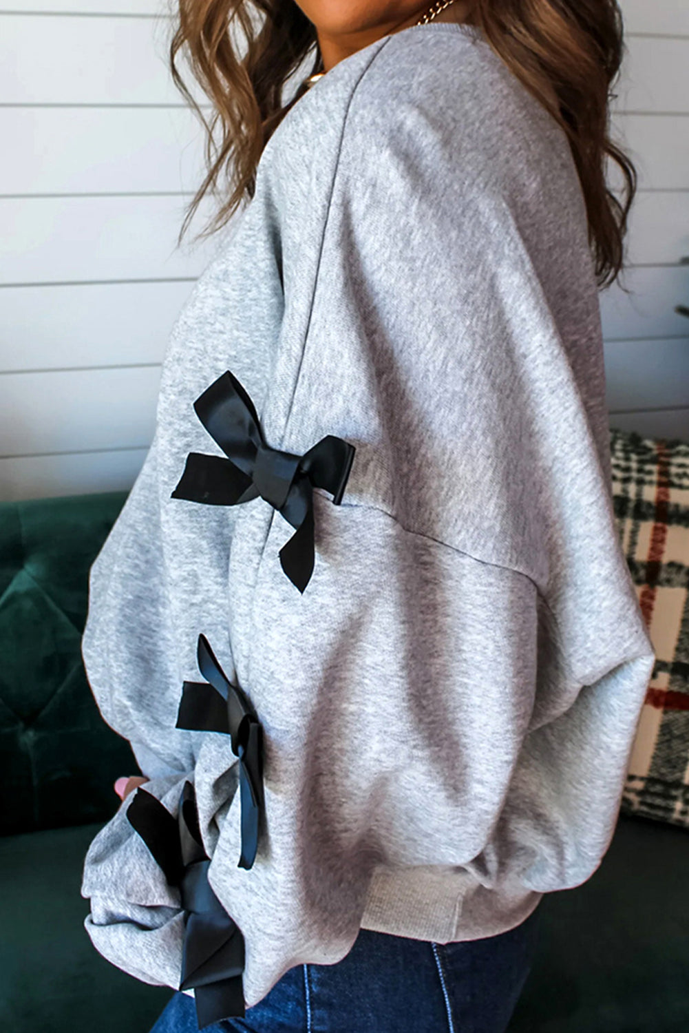 Light Grey Merry Christmas Letter Terry Flocking Ribbon Bow Split Sleeve Baggy Sweatshirt