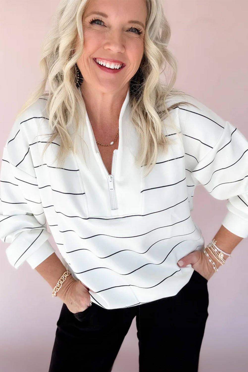 White Zip V Neck Casual Stripe Print Drop Shoulder Long Sleeve Top