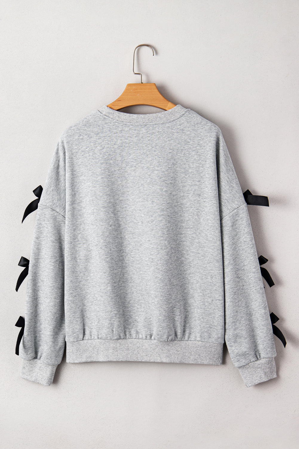 Light Grey Merry Christmas Letter Terry Flocking Ribbon Bow Split Sleeve Baggy Sweatshirt