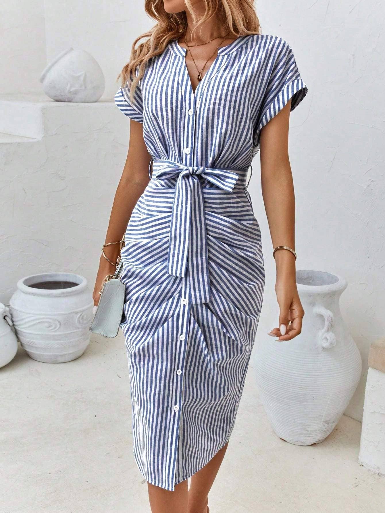 Striped print batwing sleeve belted dress