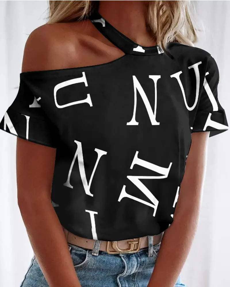 Letter print cold shoulder casual t shirt
