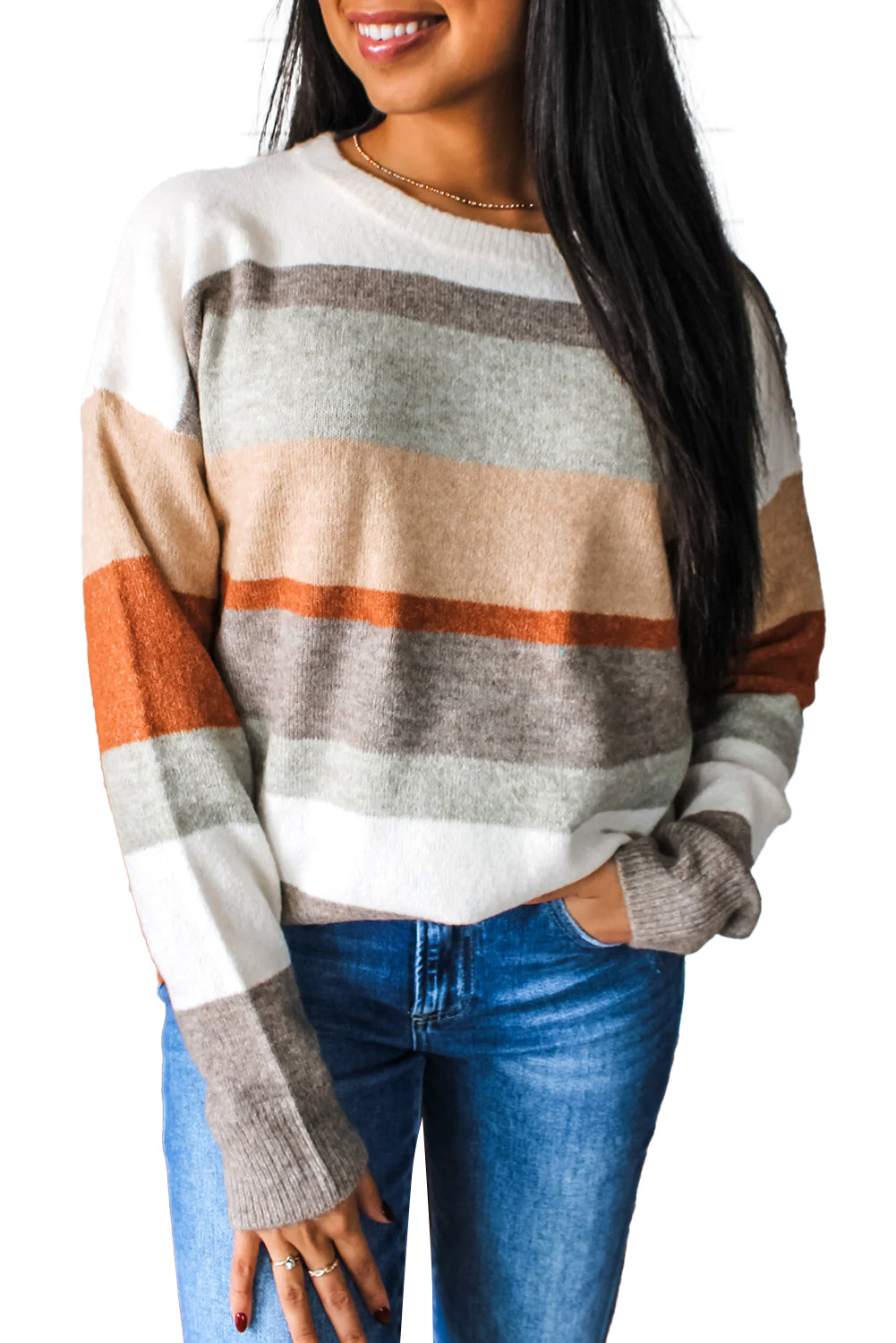 White Colorblock Striped Round Neck Drop Sleeve Sweater