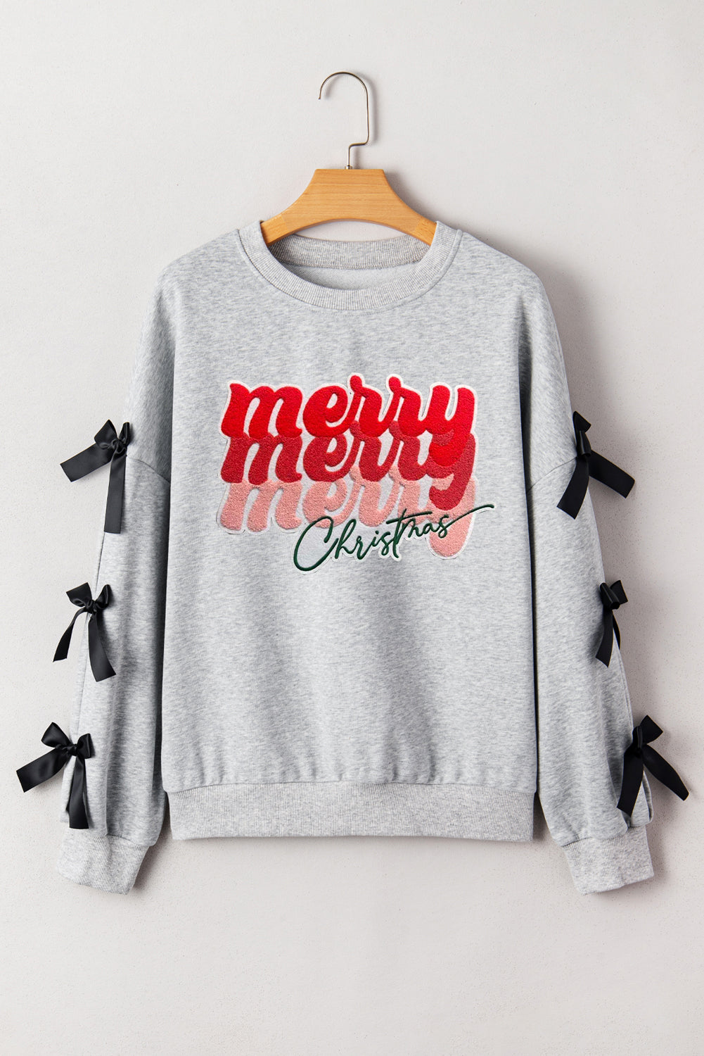 Light Grey Merry Christmas Letter Terry Flocking Ribbon Bow Split Sleeve Baggy Sweatshirt