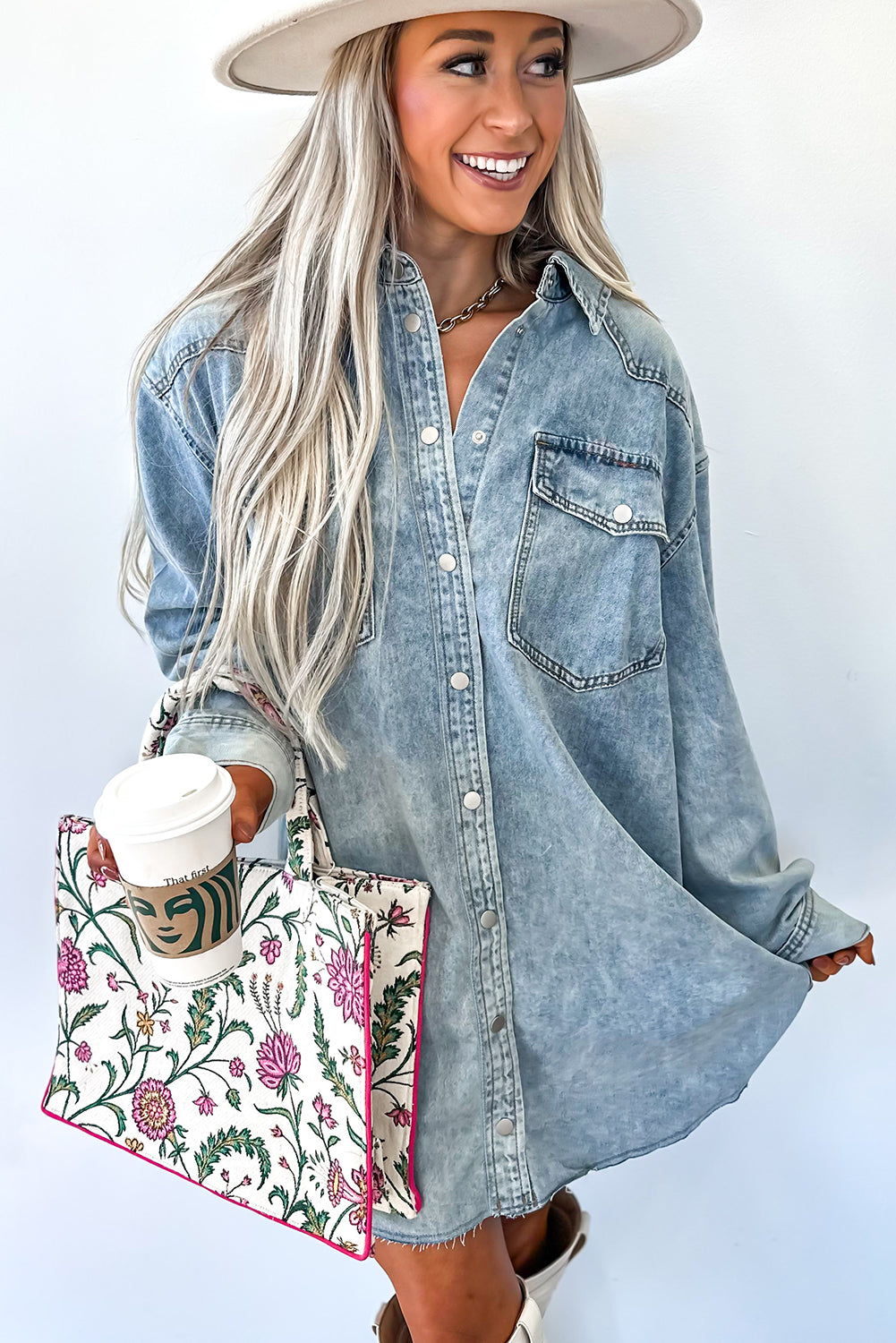 Beau Blue Chest Pocket Raw Hem Denim Loose Shirt Dress