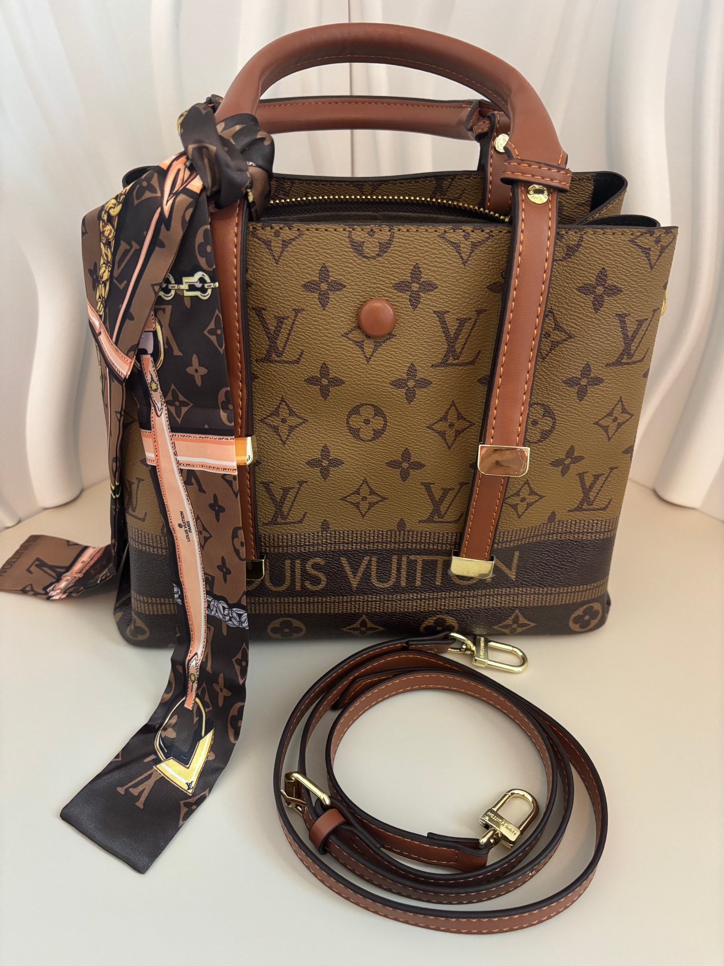 Chic Monogram City Tote โ Scarf Accent + Strap - Inspired Style- ๐
