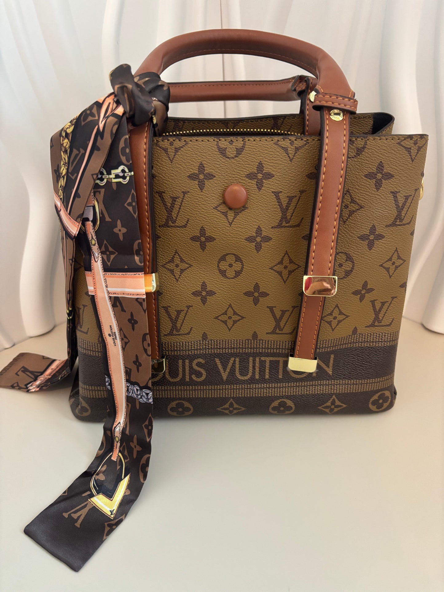 Chic Monogram City Tote โ Scarf Accent + Strap - Inspired Style- ๐
