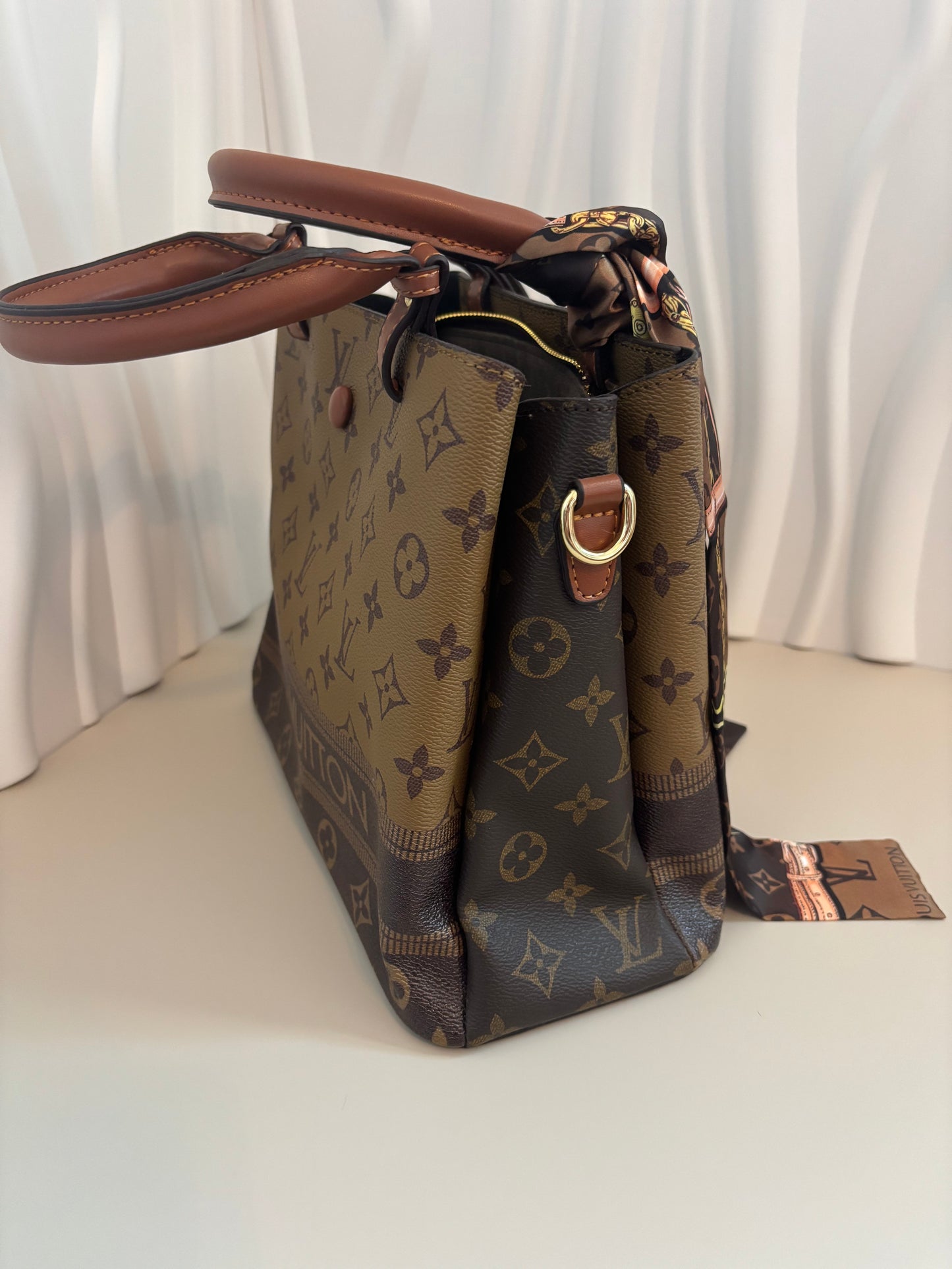 Chic Monogram City Tote โ Scarf Accent + Strap - Inspired Style- ๐