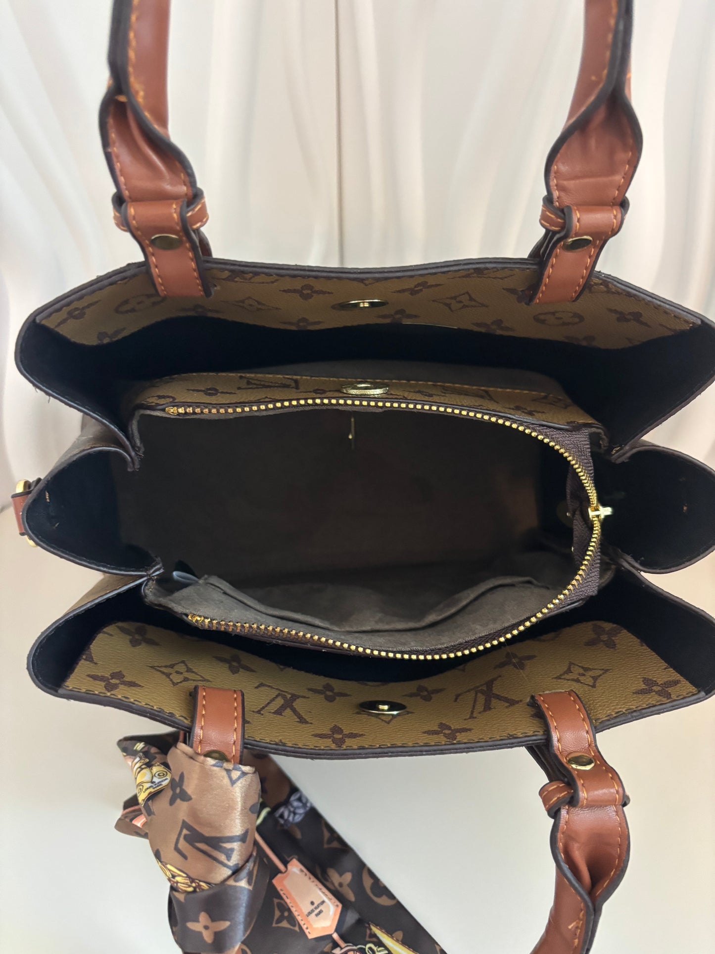 Chic Monogram City Tote โ Scarf Accent + Strap - Inspired Style- ๐