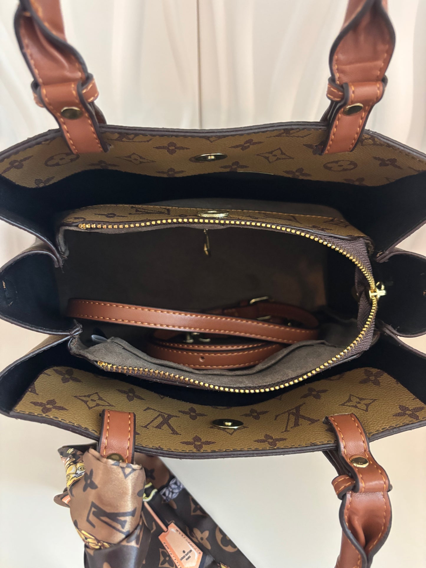 Chic Monogram City Tote โ Scarf Accent + Strap - Inspired Style- ๐