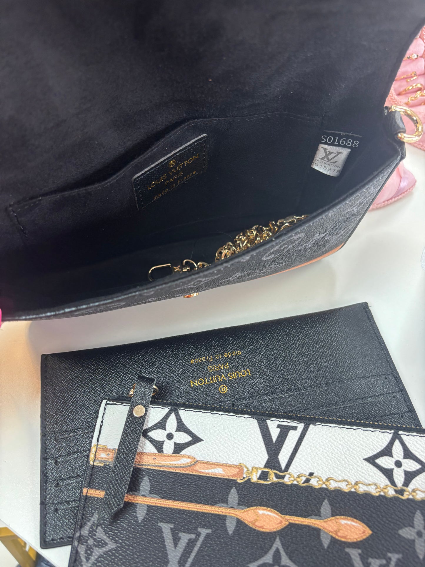 Inspired Black & Cream Monogram Crossbody Clutch