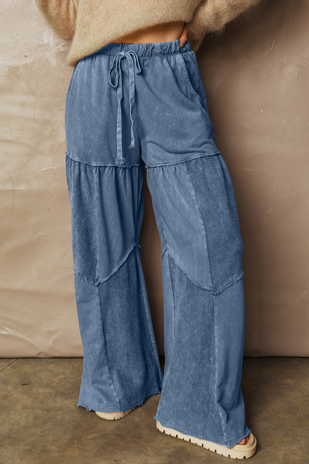 Ashleigh Blue Careys Mineral Wash Tiered Wide Leg Patchwork Drawstring Pants