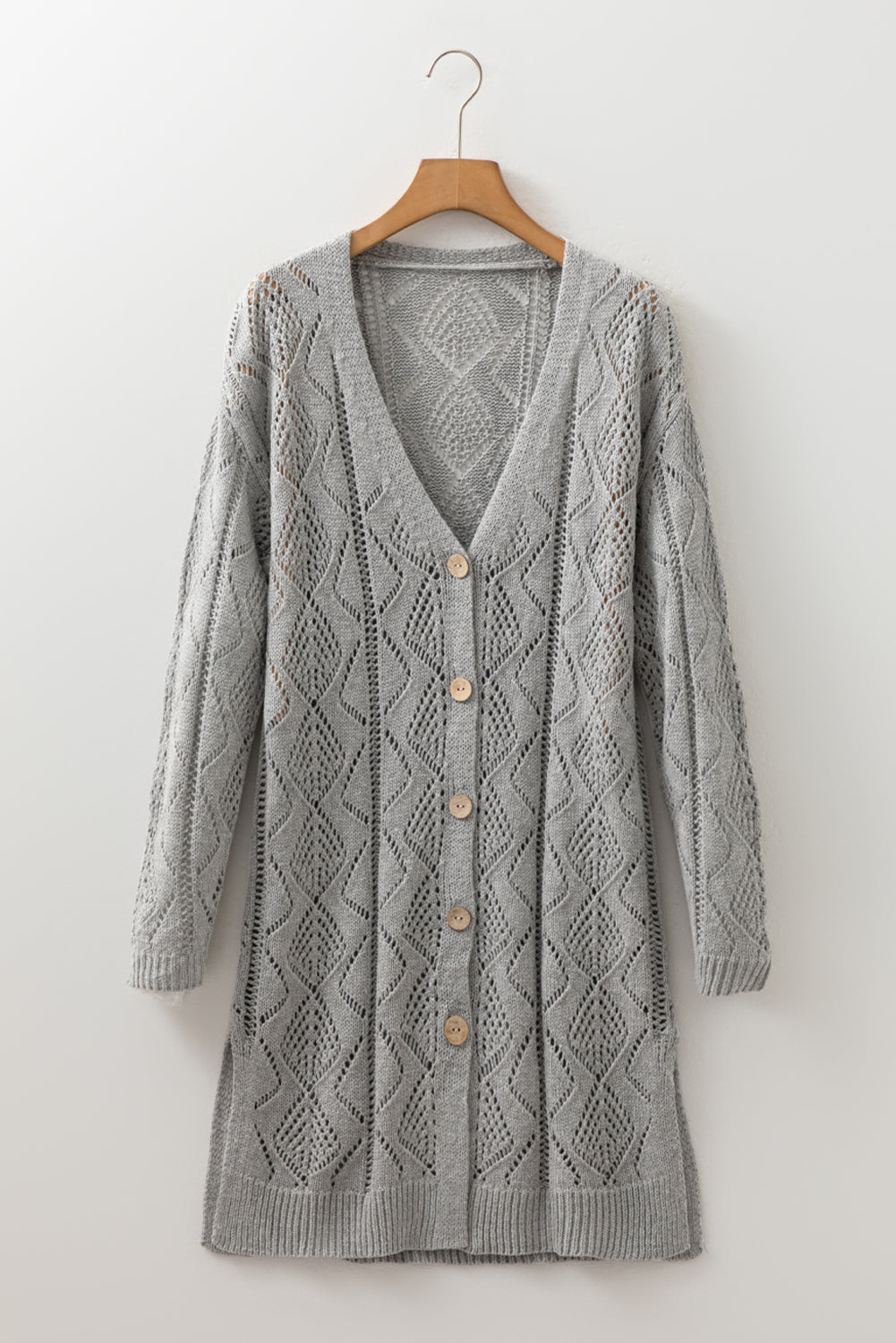 Gray Hollow-out Openwork Knit Cardigan