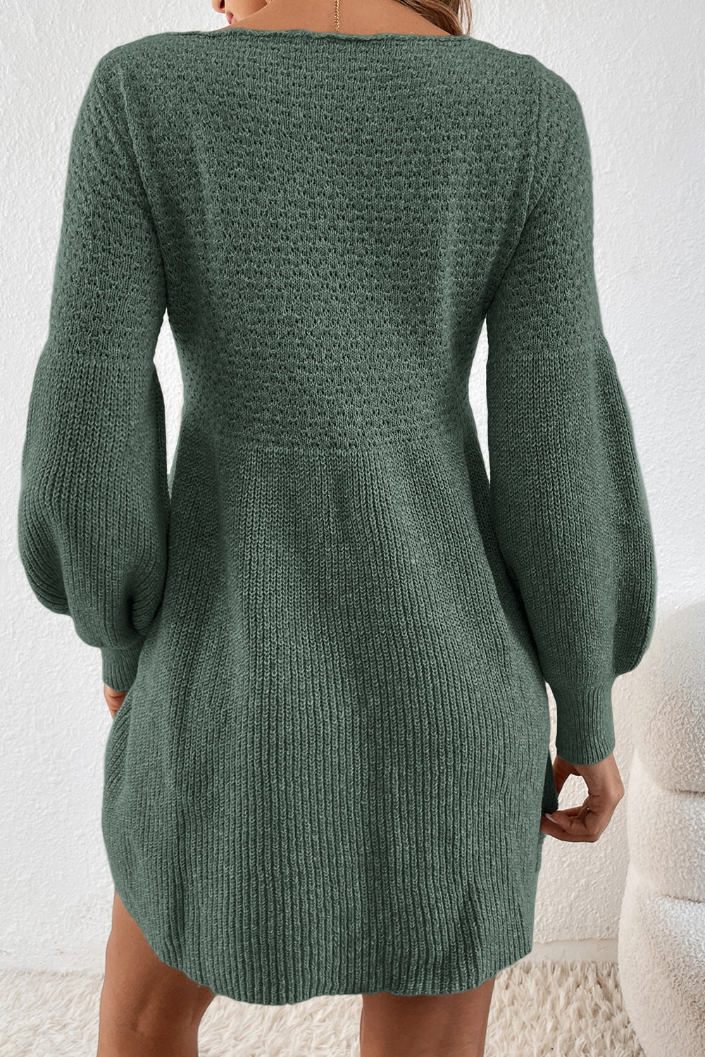 Mist Green Solid Lantern Sleeve Empire Waist Short Sweater Dress