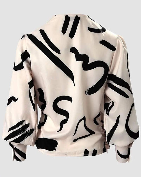 Abstract Print Lantern Sleeve Ruched Wrap Top