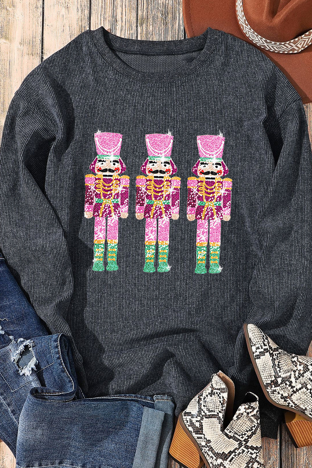 Black Nutcracker Graphic Sequins Patch Mineral Wash Corded Sweatshirt
