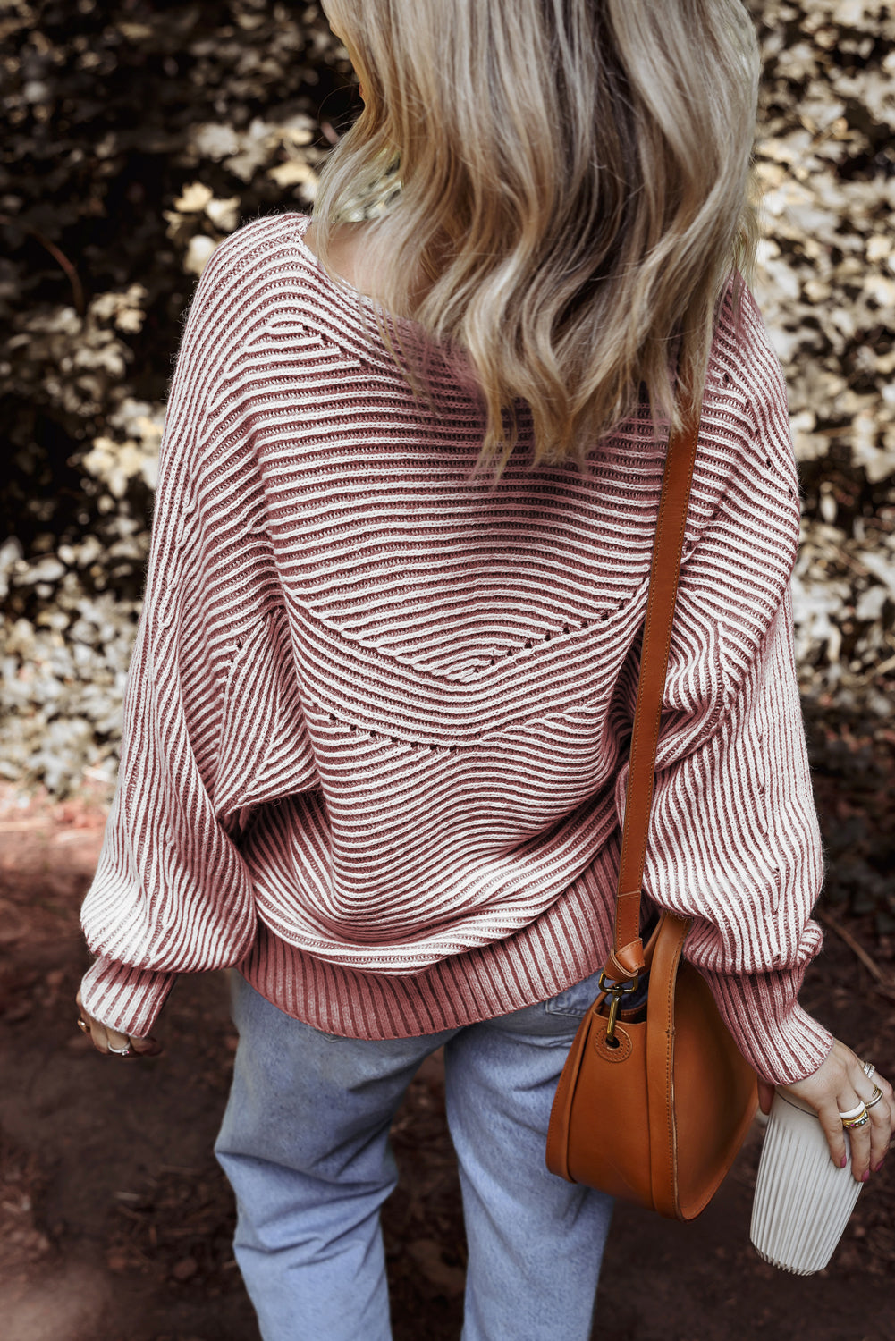 Red Dahlia Striped Print Ribbed Knit Boat Neck Baggy Sweater