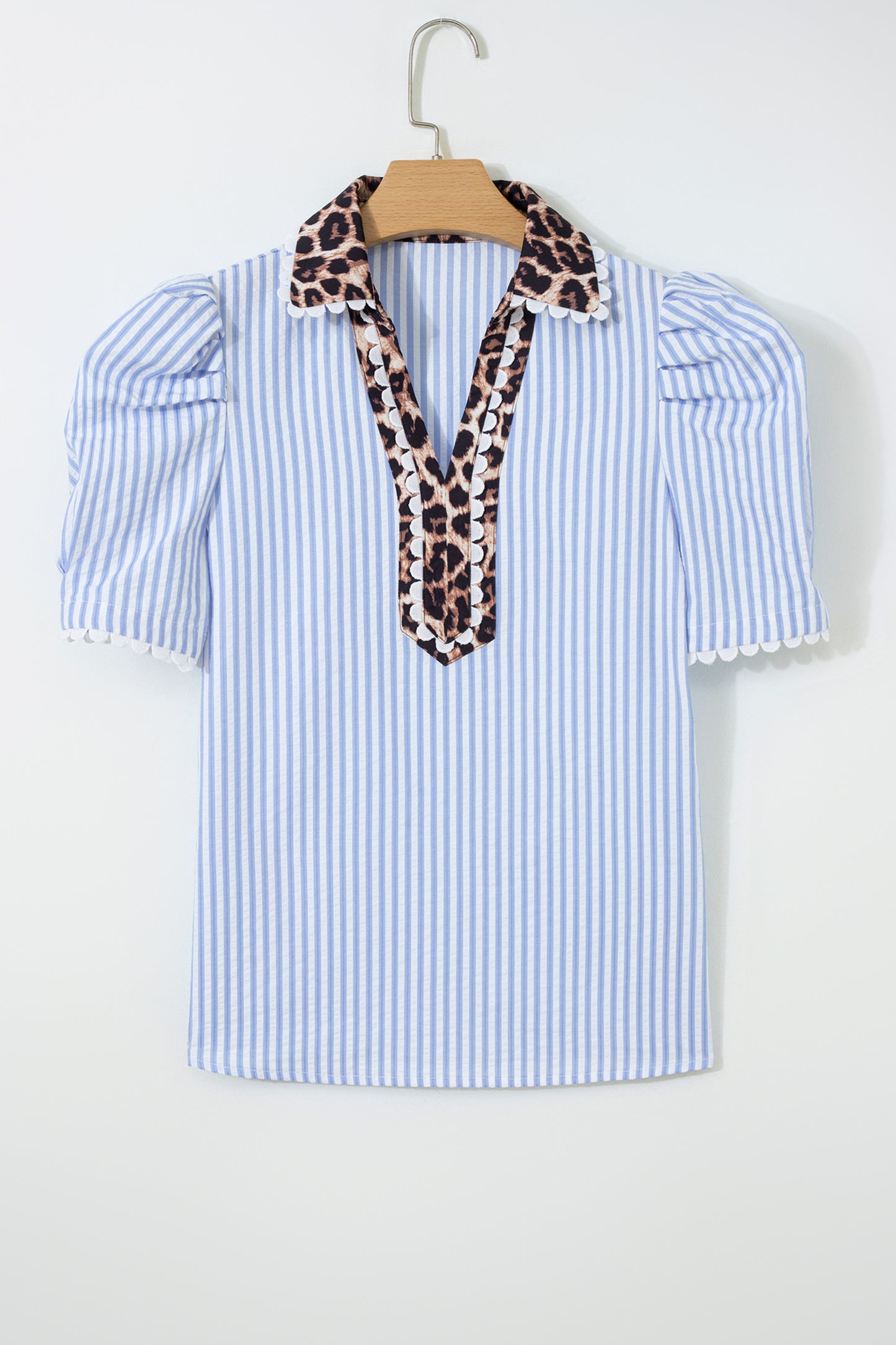 Sky Blue Stripe Ricrac Trim Short Puff Sleeve Leopard Patchwork Collar V Neck Blouse