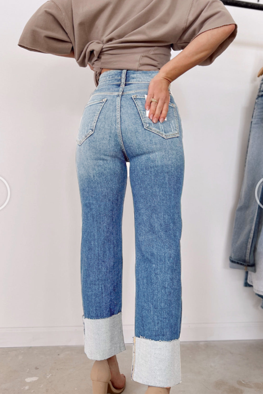 Sky Blue High Waist Distressed Straight Leg Jeans