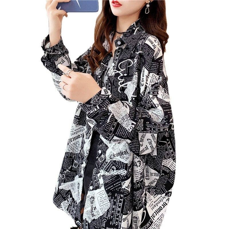 Plus Size Newspaper Print Shirt Women Loose Fit Spring Fashion