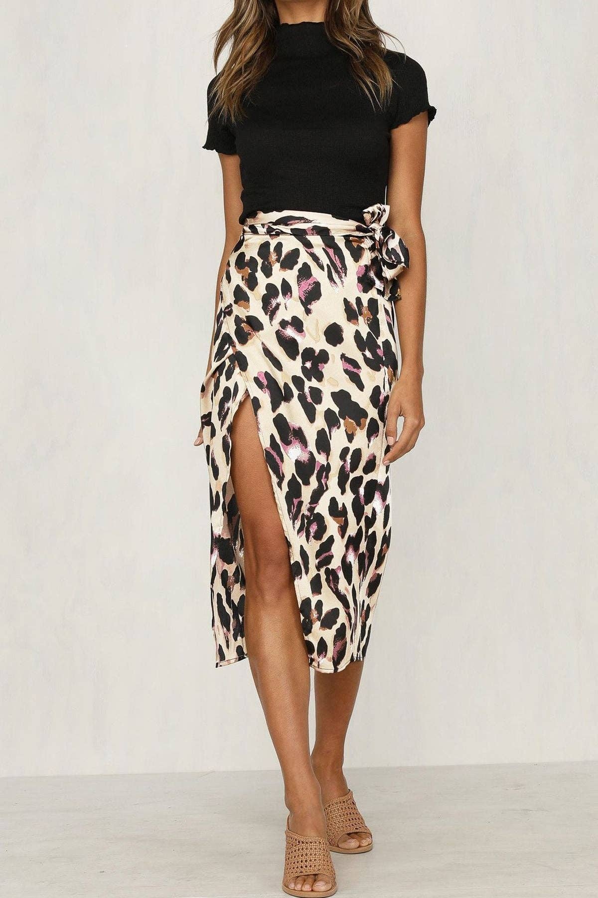 Women Elegant Leopard Print Splice Mid Skirt