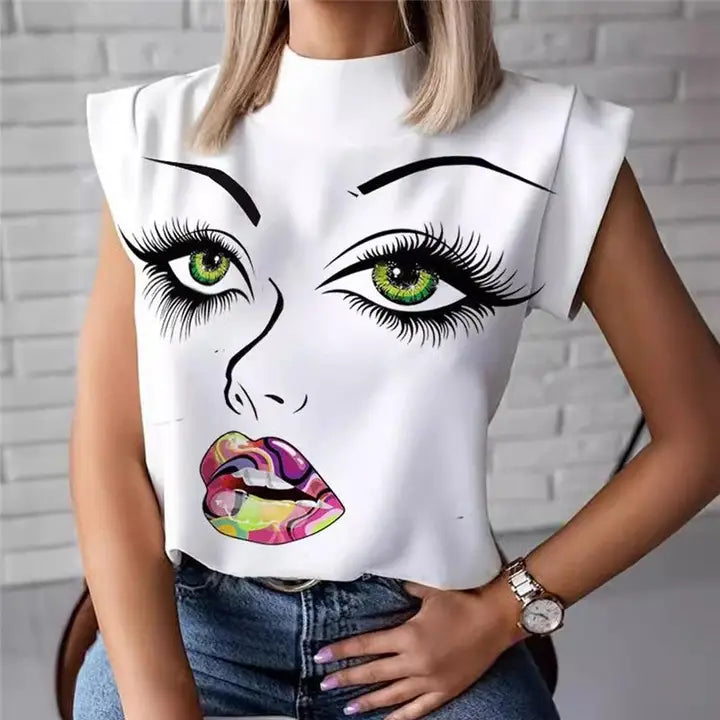 Minimalist Lips Print Short Sleeve T-Shirt with Stand Collar