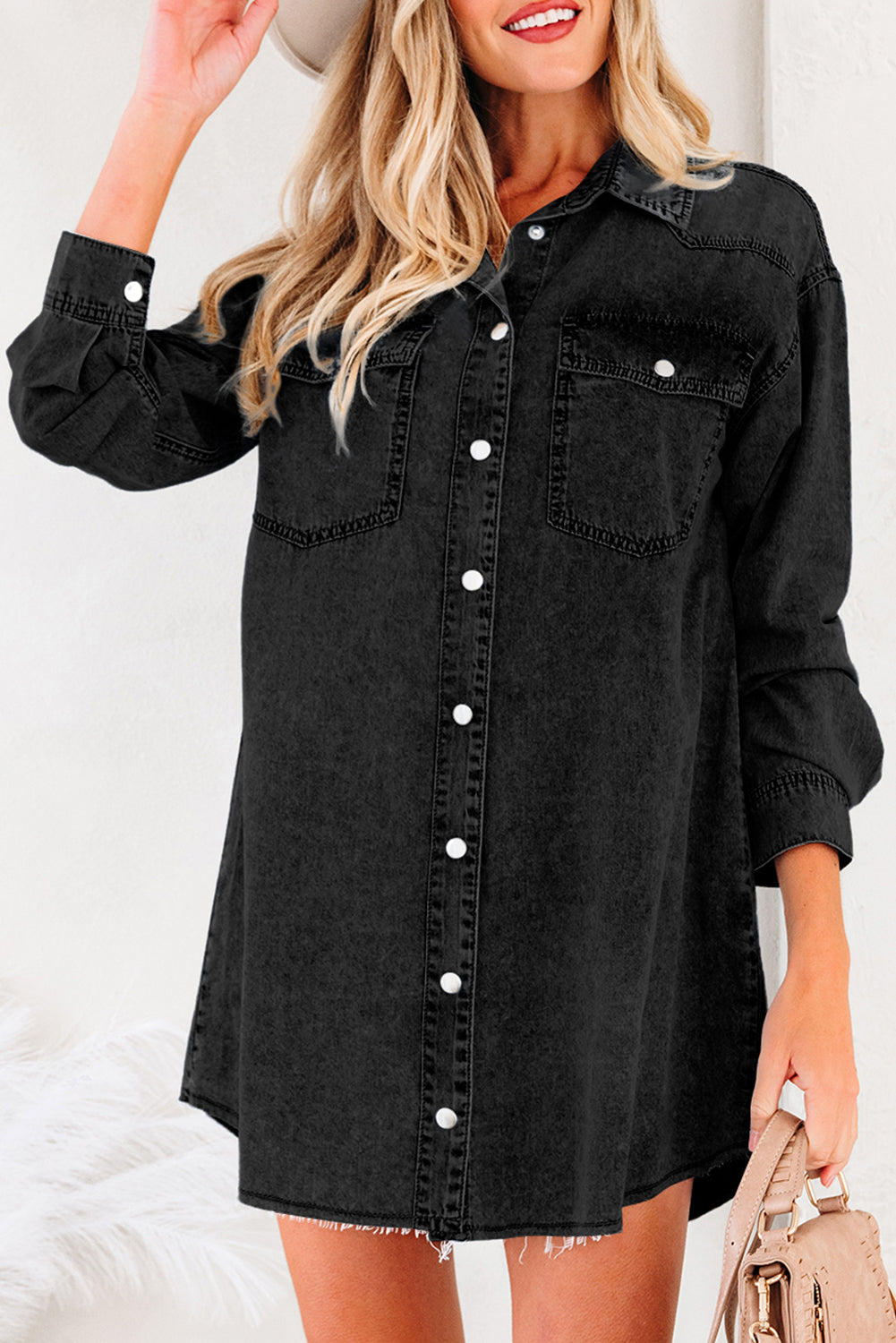 Medium Grey Beau Chest Pocket Raw Hem Denim Loose Shirt Dress