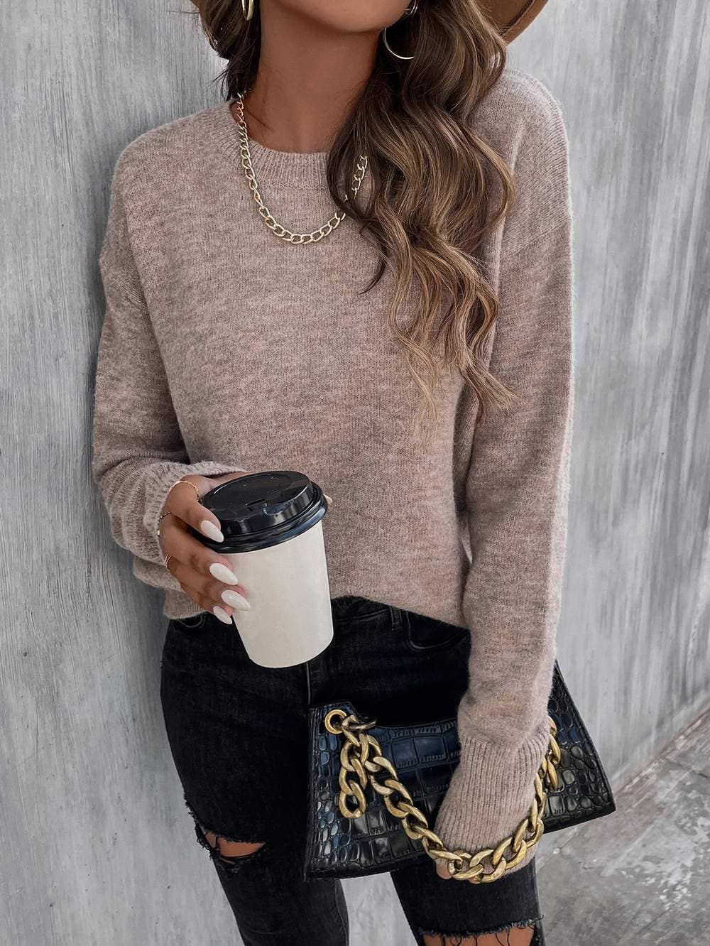 Solid drop shoulder sweater