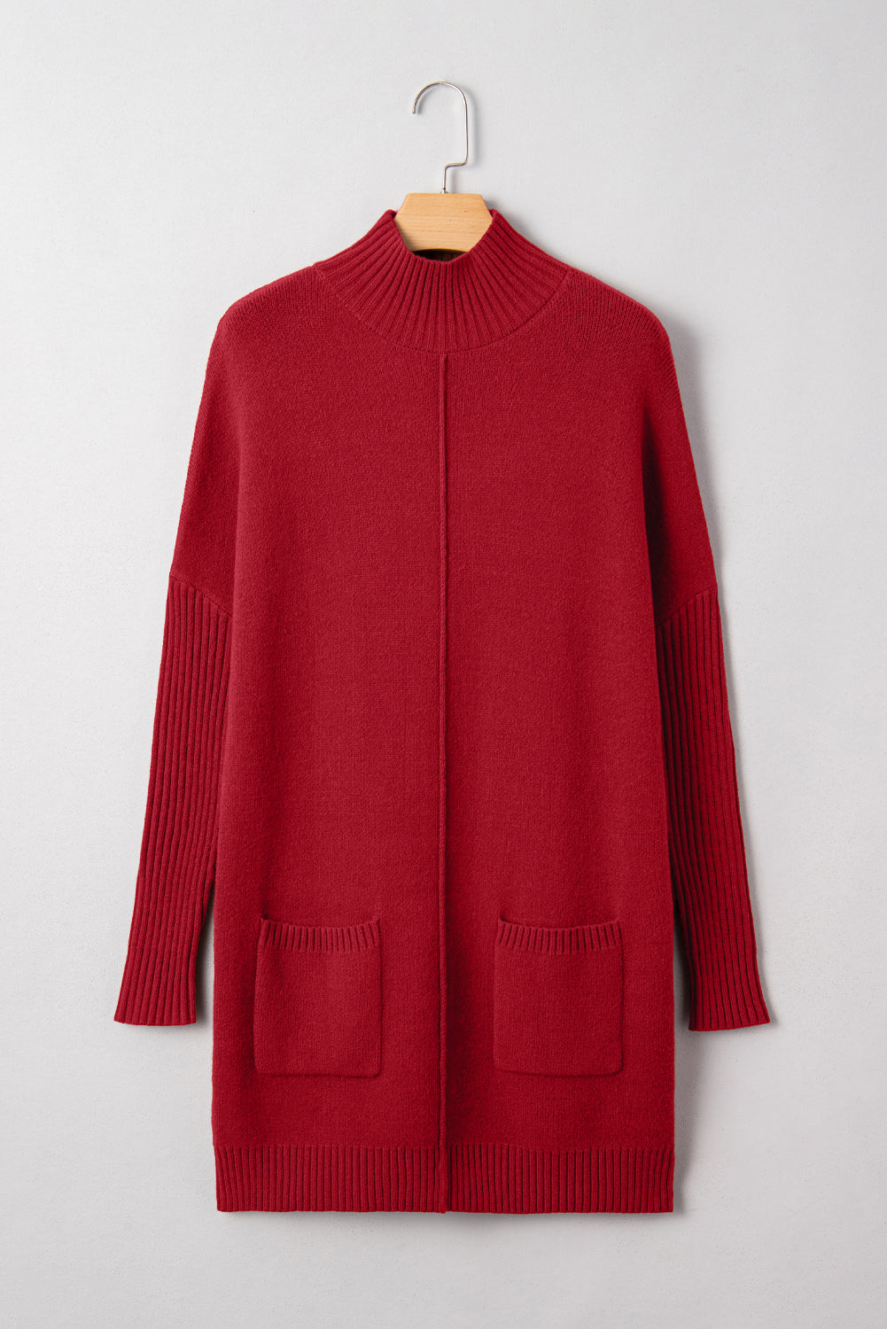 Fiery Red Ribbed High Neck Front Pockets Center Seam Sweater Dress