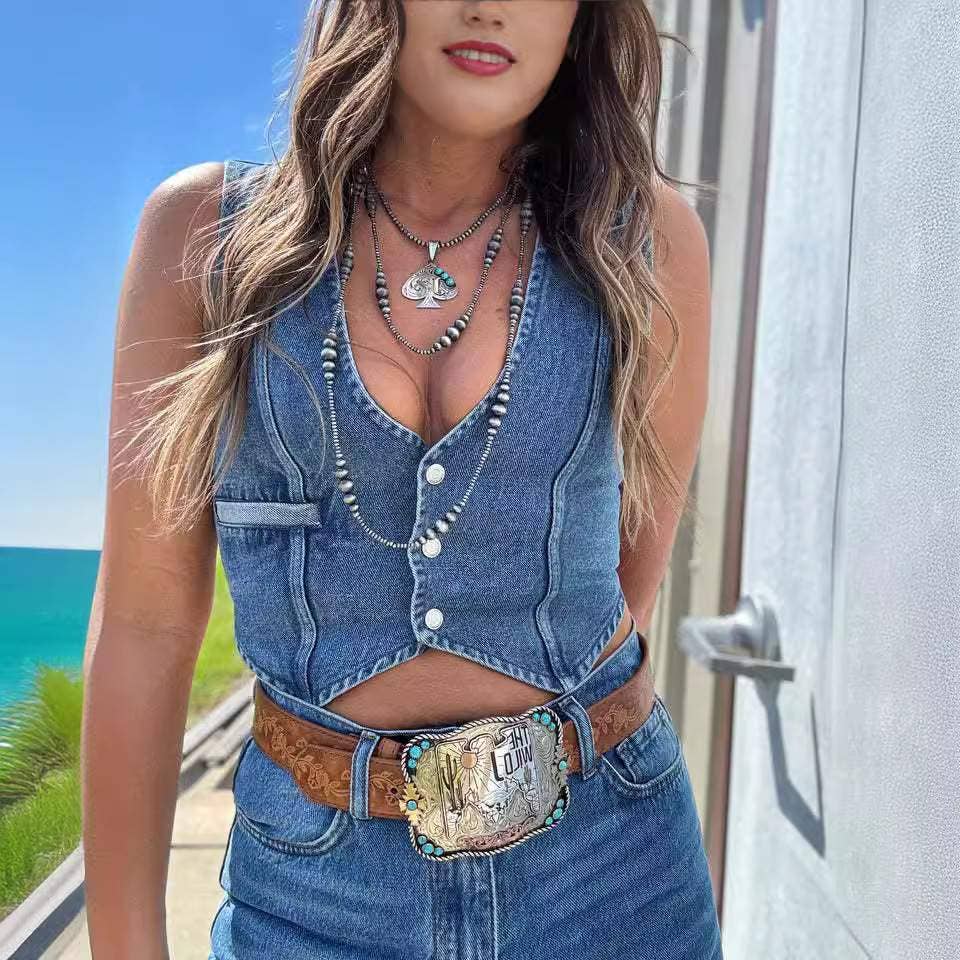 Single breasted v neck jacket denim vest