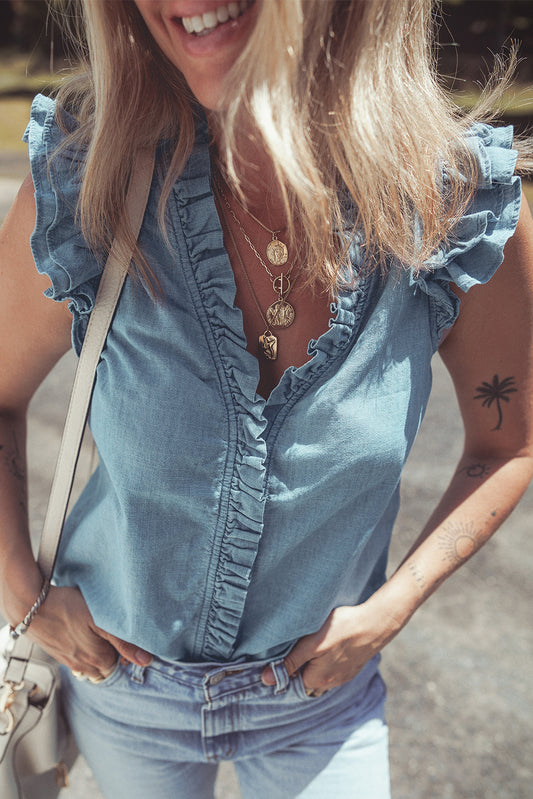 Beau Blue Ruffle V Neck Chambray Sleeveless Shirt
