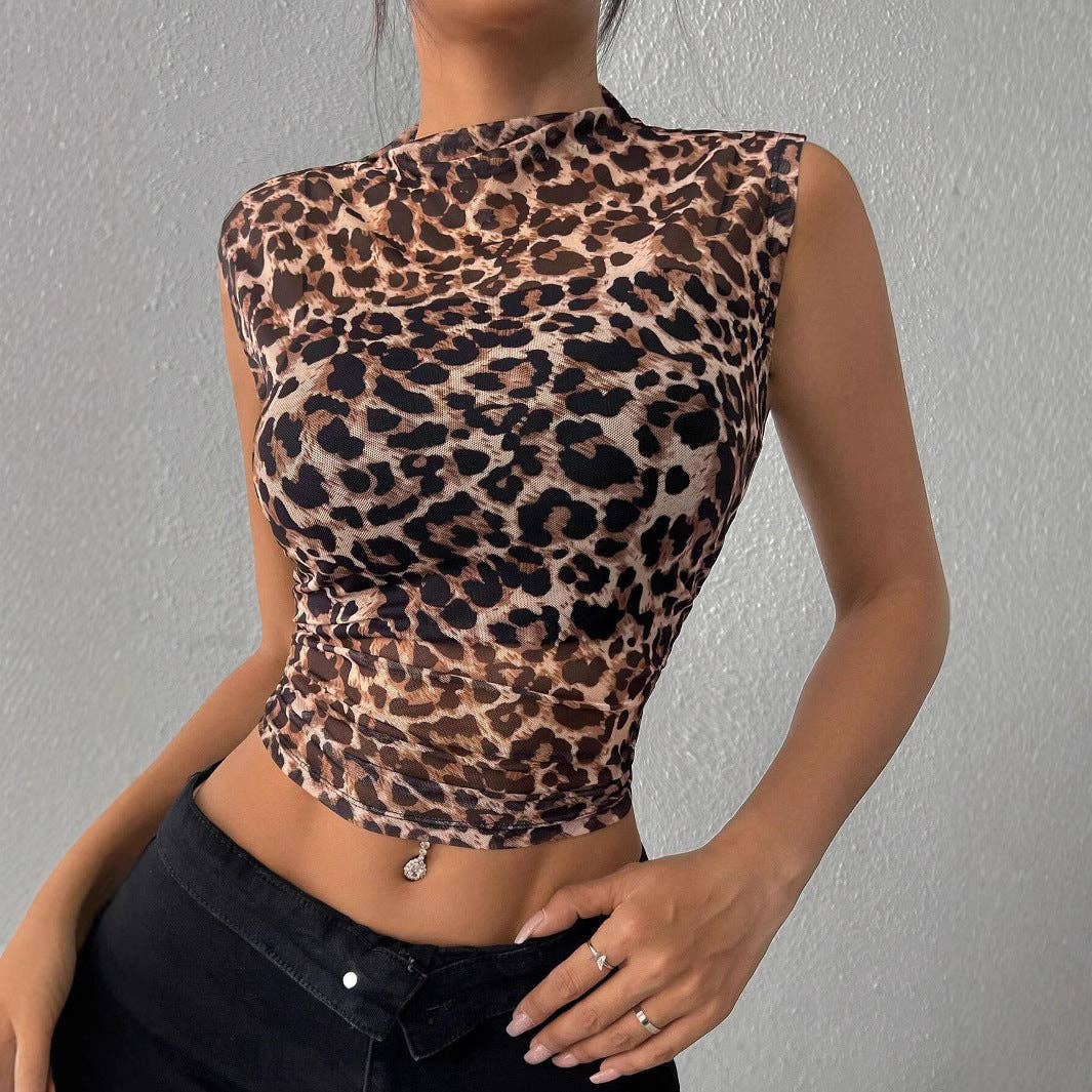 Women’s Leopard Print Sheer Top Sleeveless Tee