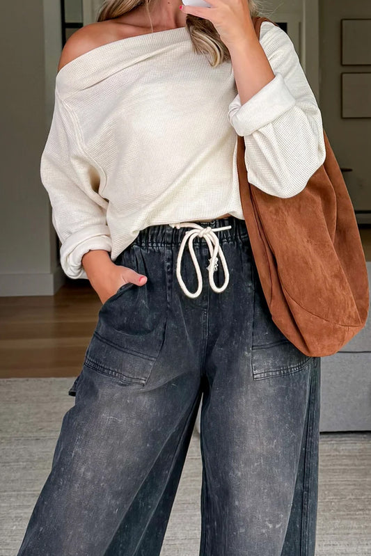 Beige Solid Color Waffle Knit Asymmetric Neck Long Sleeve Top