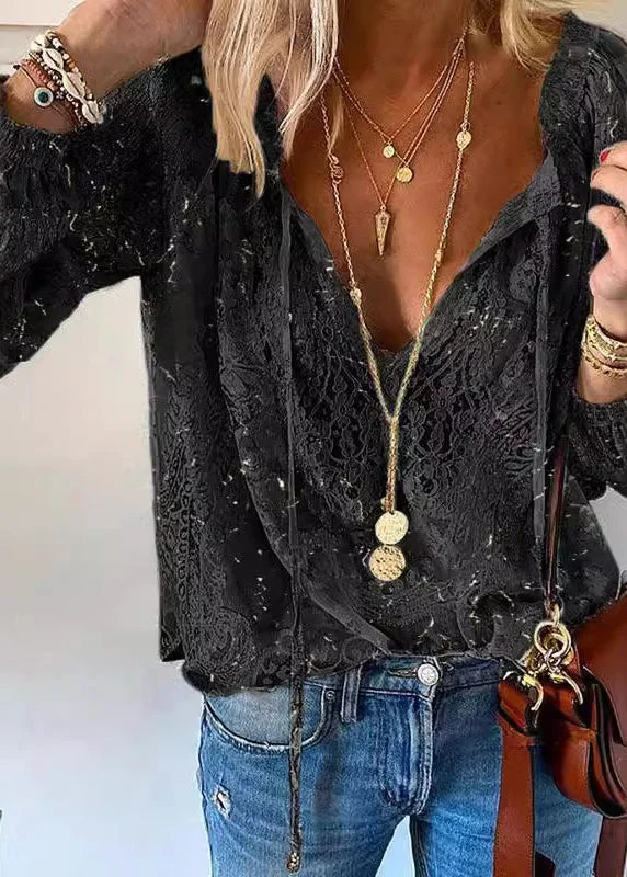 Lace Patchwork V-Neck Elegant Blouse