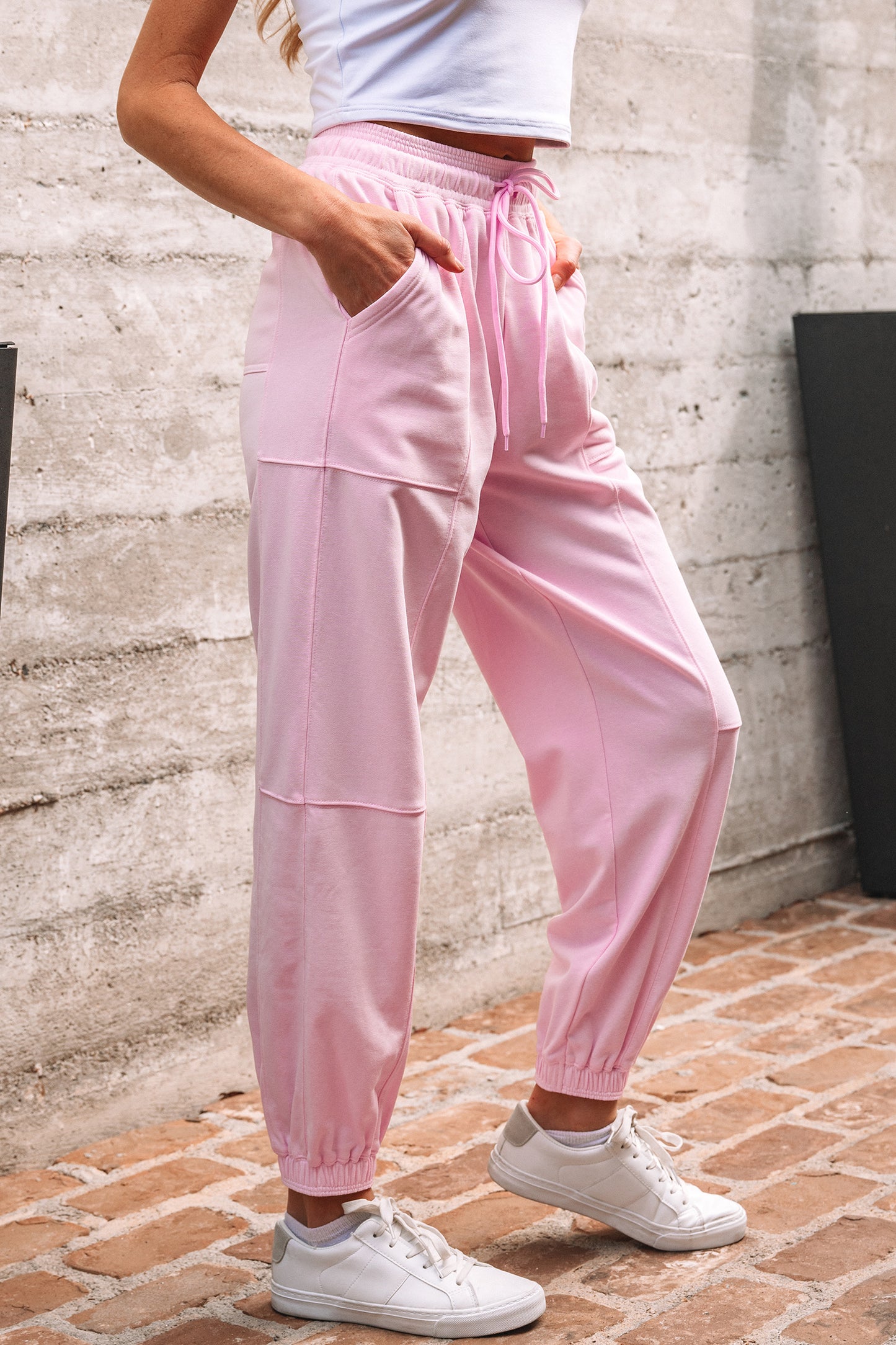 Light Pink Drawstring Elastic Waistband Solid Color Jogger Pants