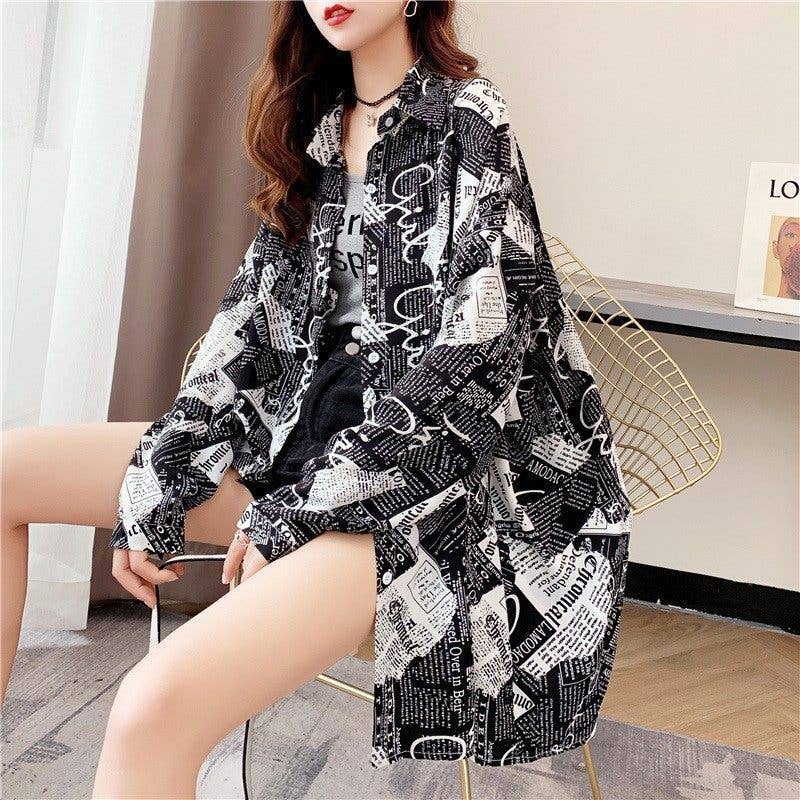 Plus Size Newspaper Print Shirt Women Loose Fit Spring Fashion