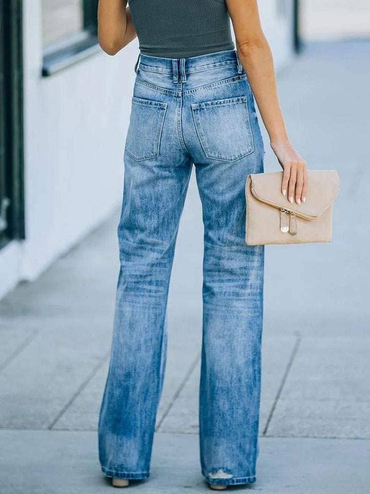 Blue fringe denim irregular raised waist trousers