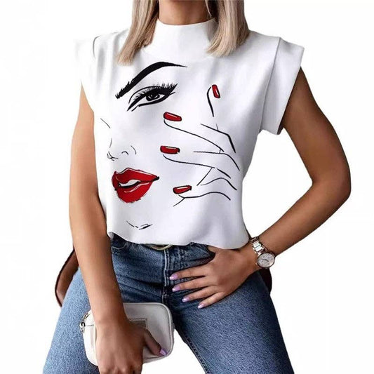 Minimalist Lips Print Short Sleeve T-Shirt With Stand Collar