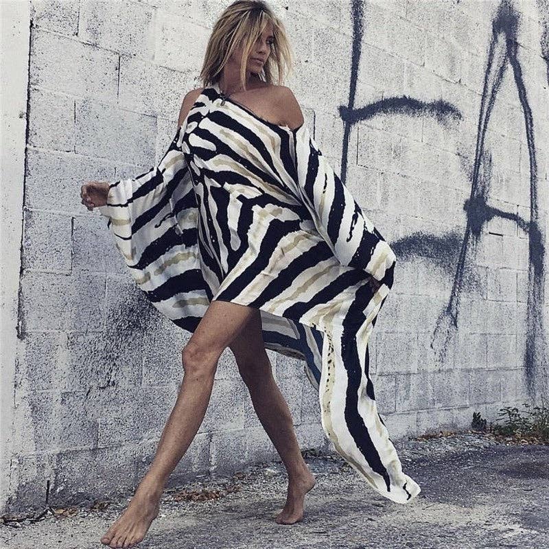 Stylish Off-Shoulder Digital Print Maxi Dress