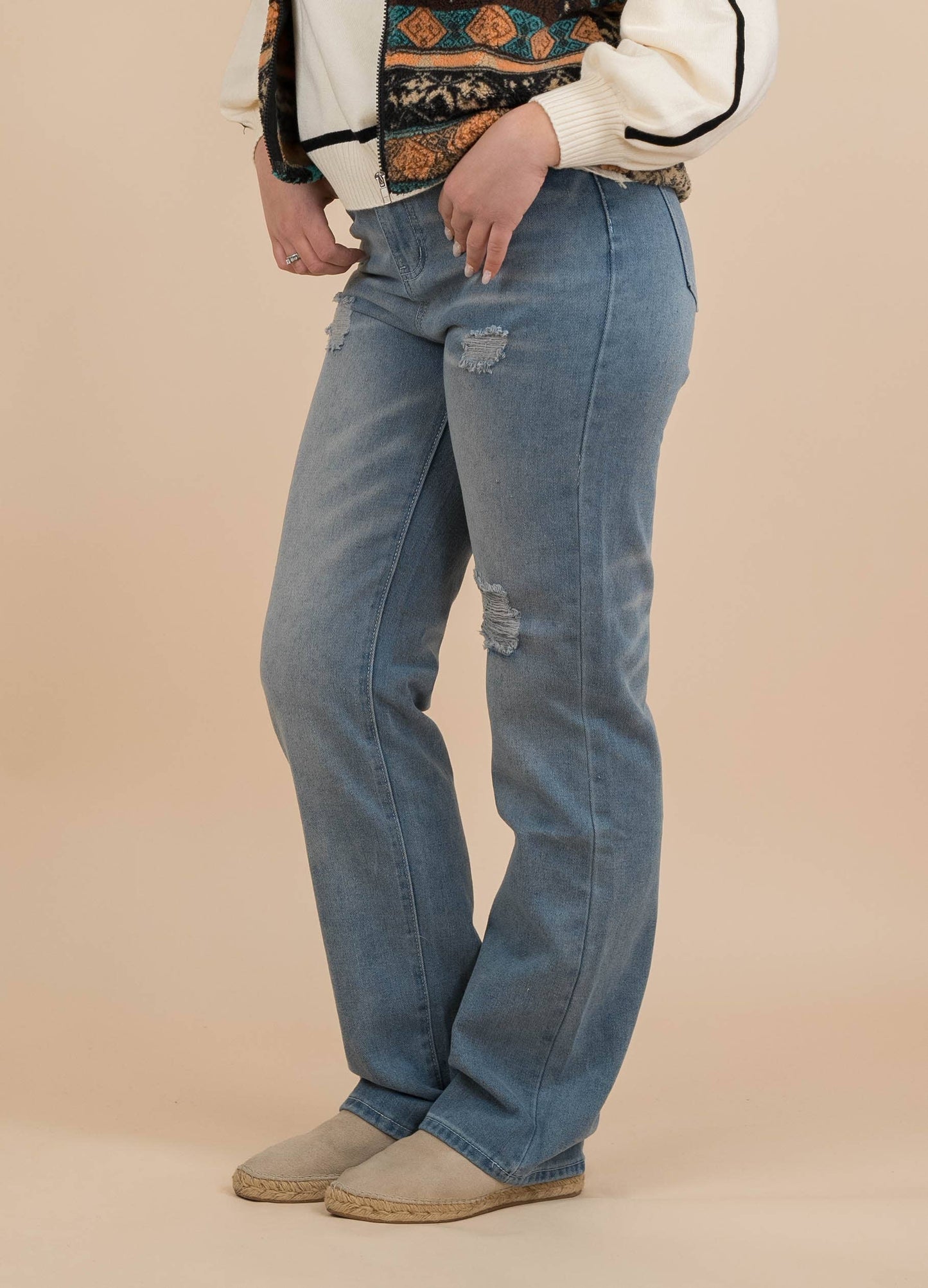 Blue fringe denim irregular raised waist trousers
