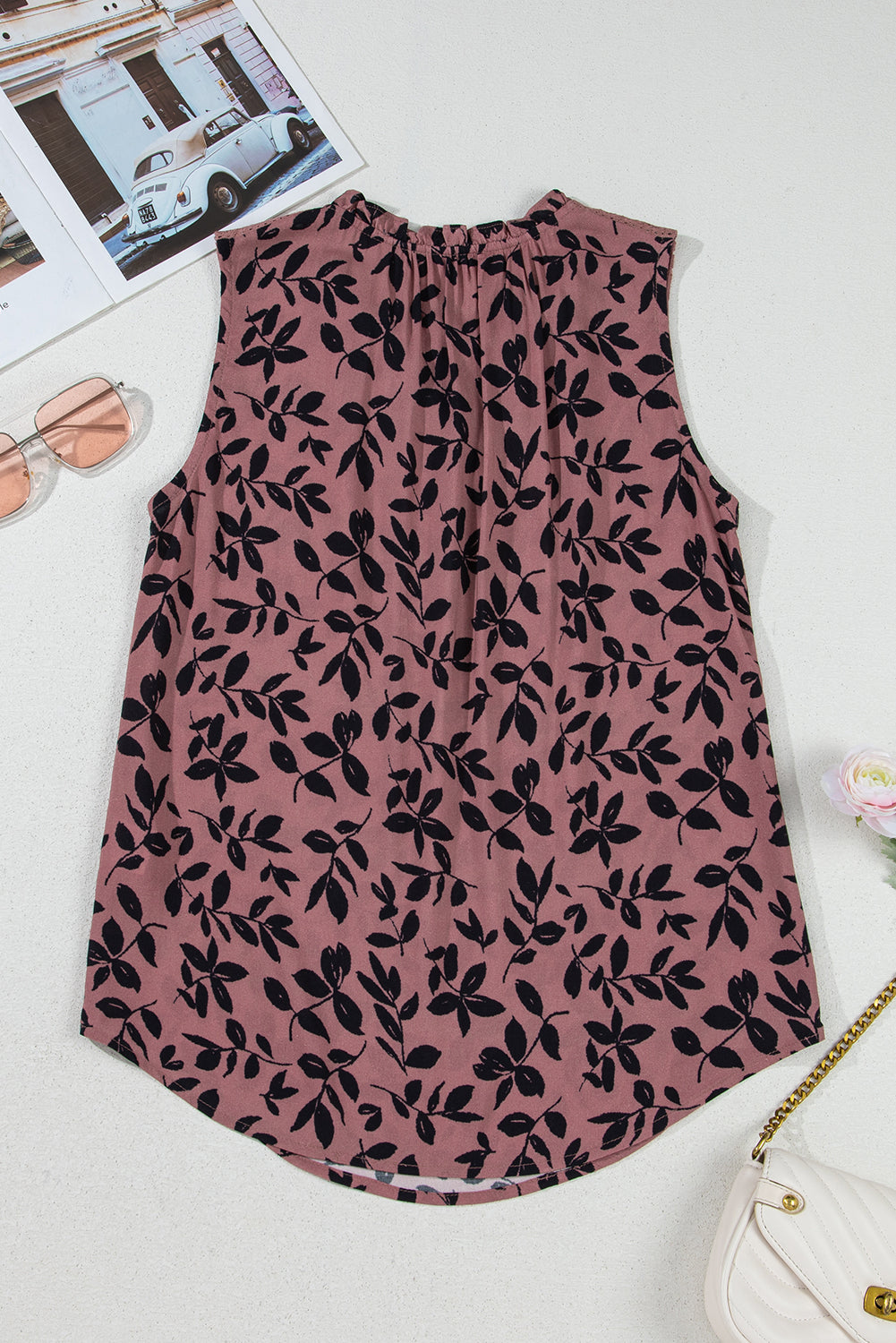 Brown Floral Print Tie Neck Sleeveless Top