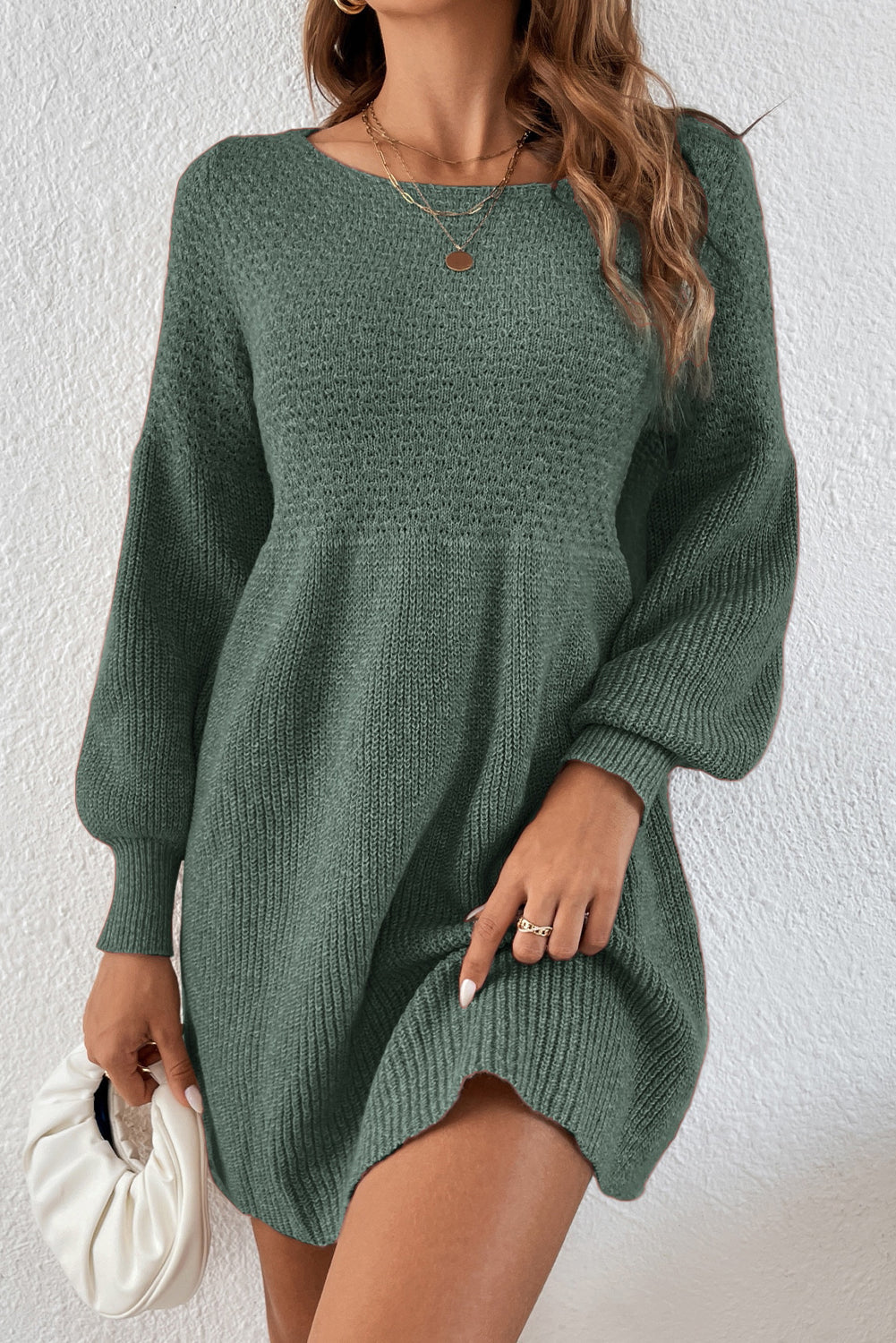 Mist Green Solid Lantern Sleeve Empire Waist Short Sweater Dress