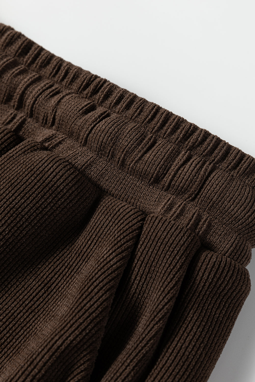 Dark Brown Solid Color Textured Knit Drop Shoulder Pullover Drawstring Shorts Set