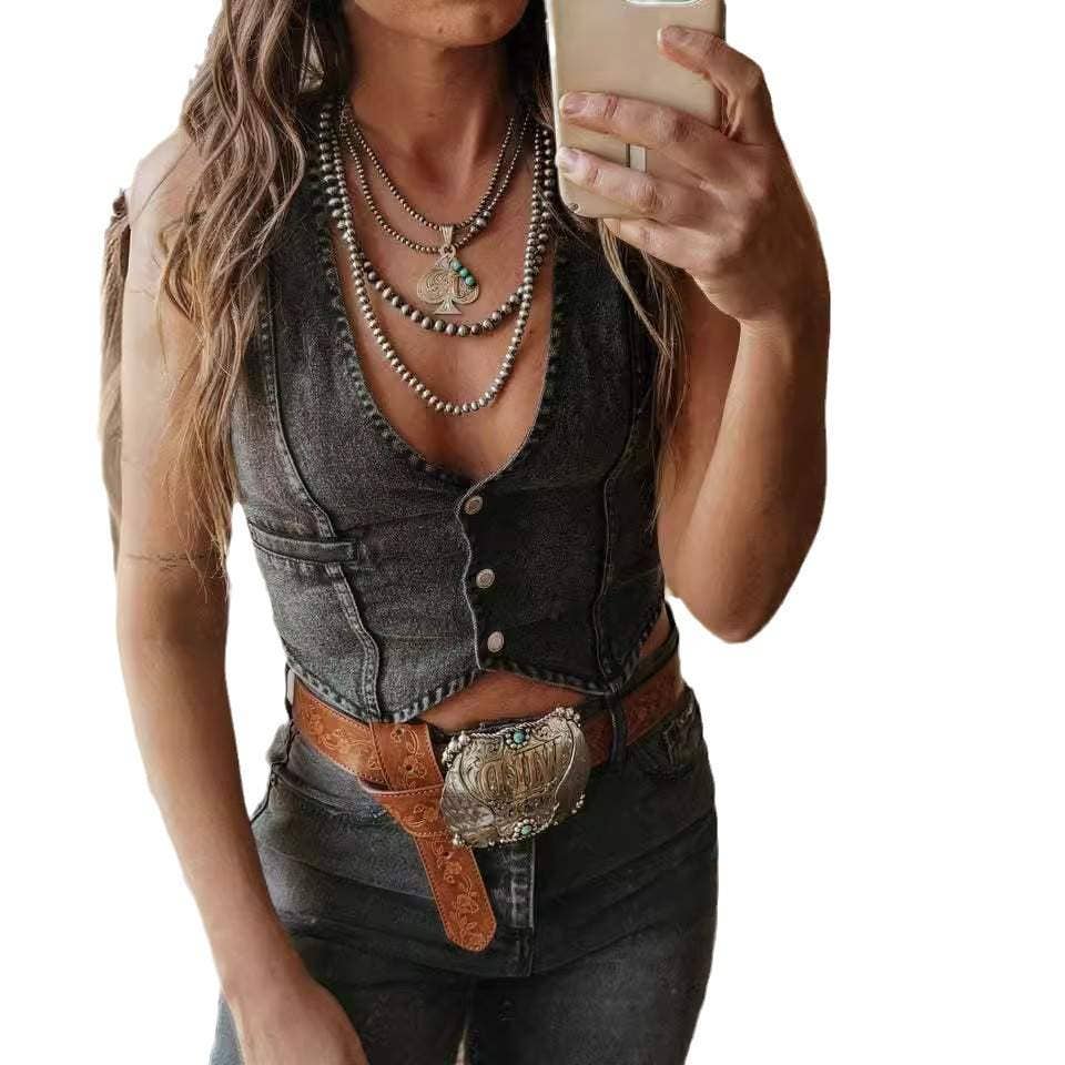 Single breasted v neck jacket denim vest