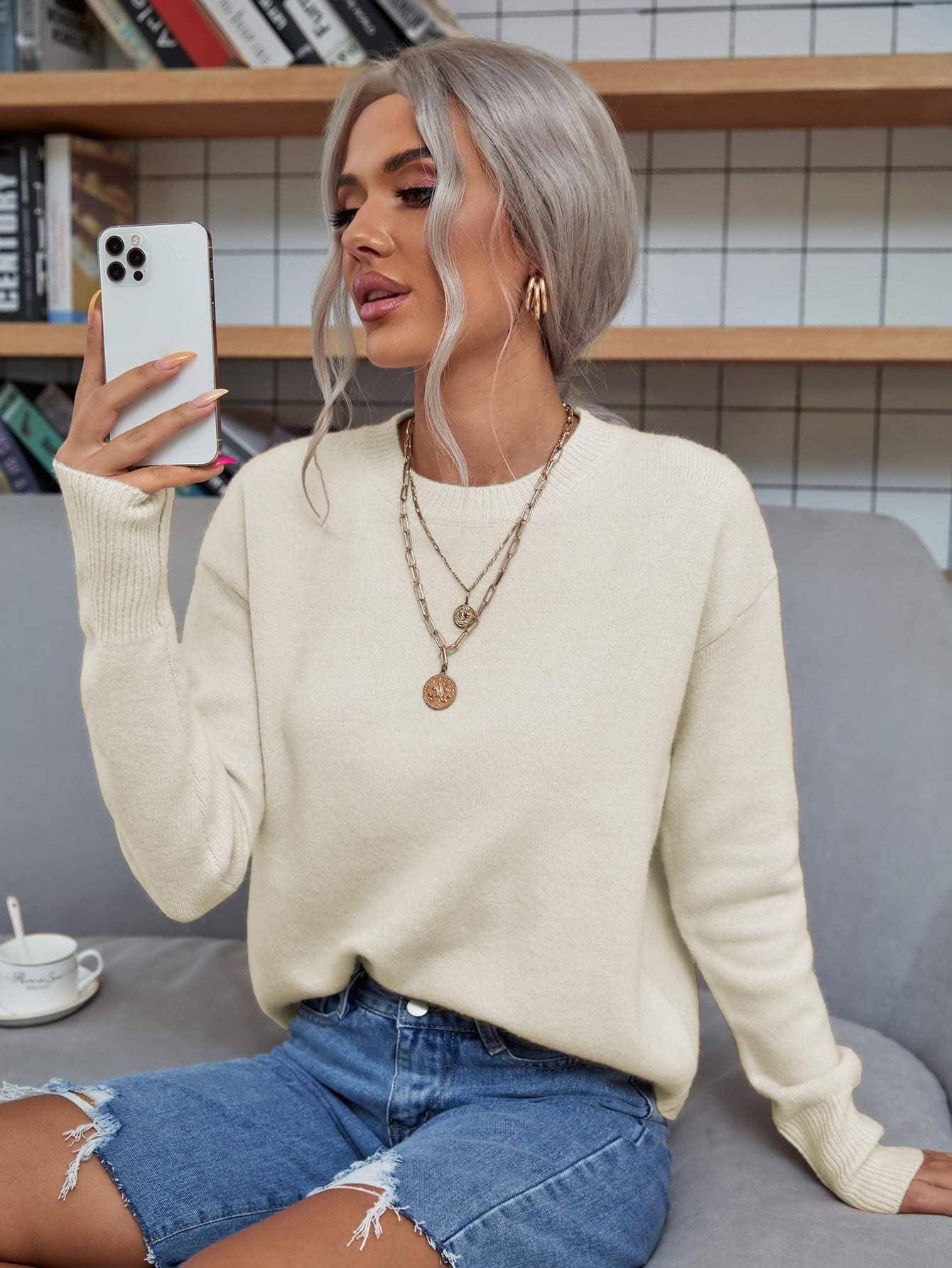 Solid drop shoulder sweater