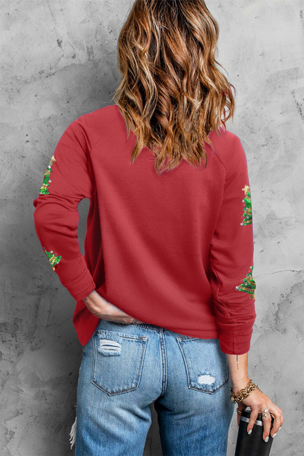 Red Christmas Tree Graphic Sequins Patch Raglan Sleeve Graphic Sweatshirt